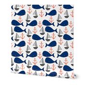 nautical whales // navy blue and orange kids fabric cute whales anchors sailboats andrea lauren fabric andrea lauren design 