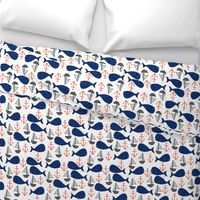 nautical whales // navy blue and orange kids fabric cute whales anchors sailboats andrea lauren fabric andrea lauren design 