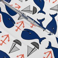 nautical whales // navy blue and orange kids fabric cute whales anchors sailboats andrea lauren fabric andrea lauren design 