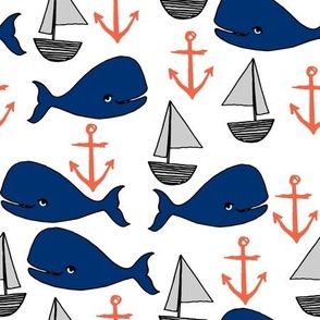 nautical whales // navy blue and orange kids fabric cute whales anchors sailboats andrea lauren fabric andrea lauren design 