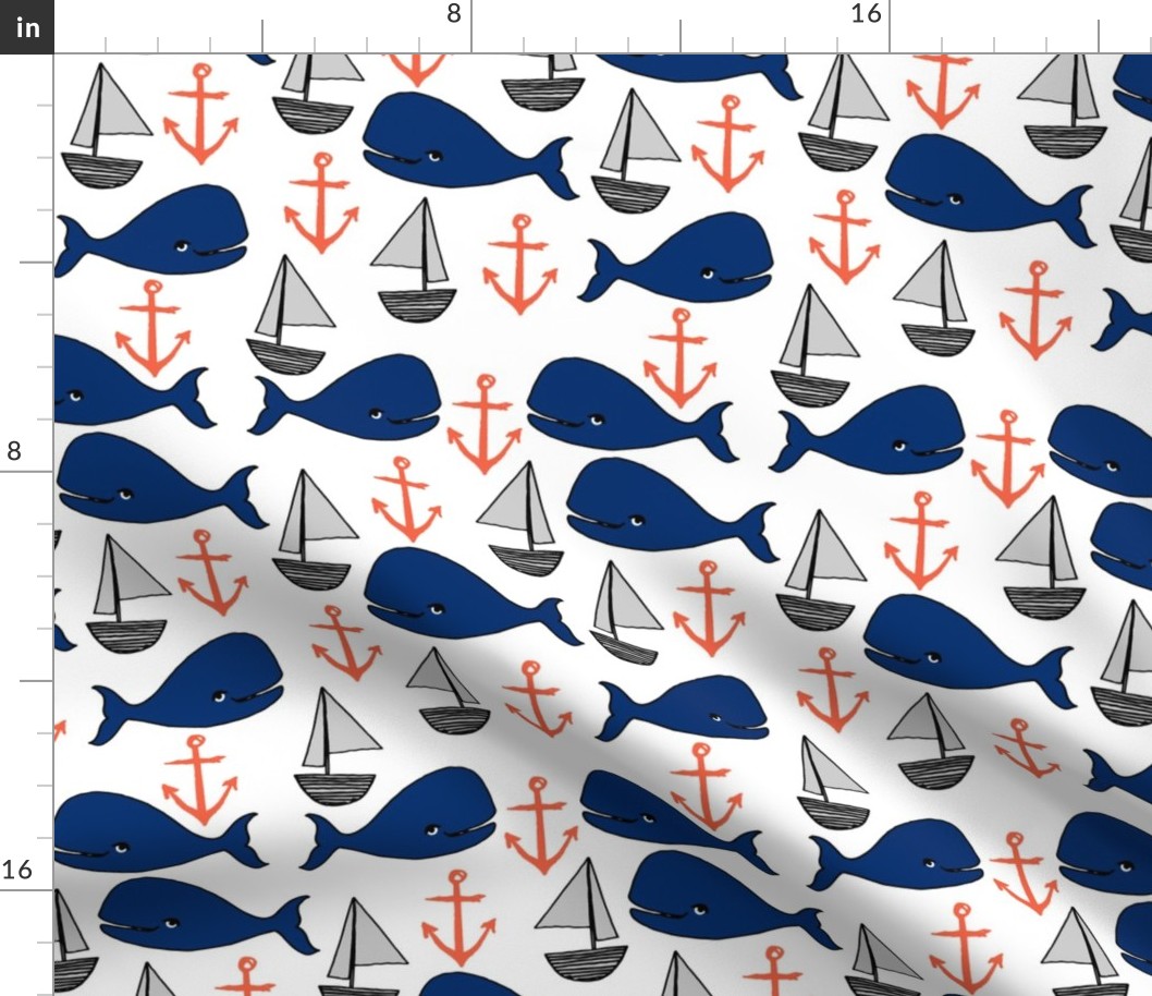 nautical whales // navy blue and orange kids fabric cute whales anchors sailboats andrea lauren fabric andrea lauren design 