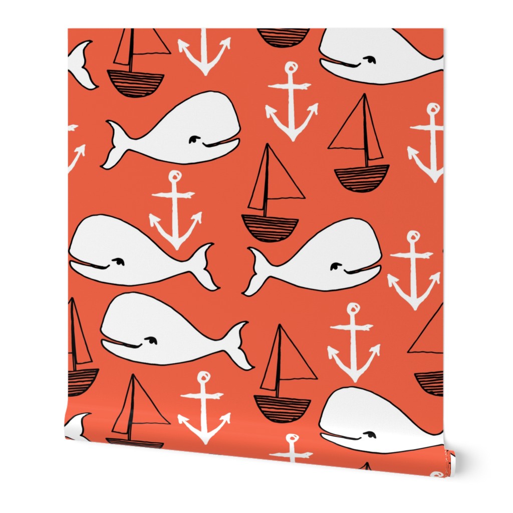 nautical whales // orange coral fabric nautical nursery baby whales sailboat anchor fabrics andrea lauren design