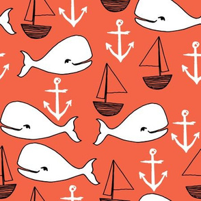 nautical whales // orange coral fabric nautical nursery baby whales sailboat anchor fabrics andrea lauren design