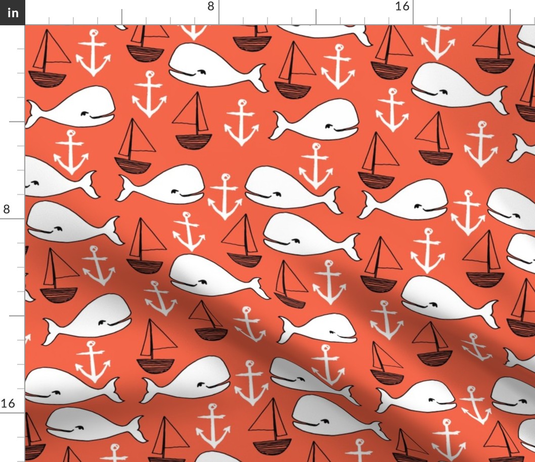 nautical whales // orange coral fabric nautical nursery baby whales sailboat anchor fabrics andrea lauren design