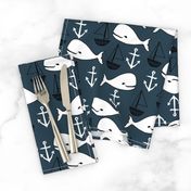 nautical whales // navy blue and white whale fabric anchors nursery baby cute sailboats nursery boy
