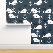 nautical whales // navy blue and white whale fabric anchors nursery baby cute sailboats nursery boy