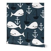 nautical whales // navy blue and white whale fabric anchors nursery baby cute sailboats nursery boy
