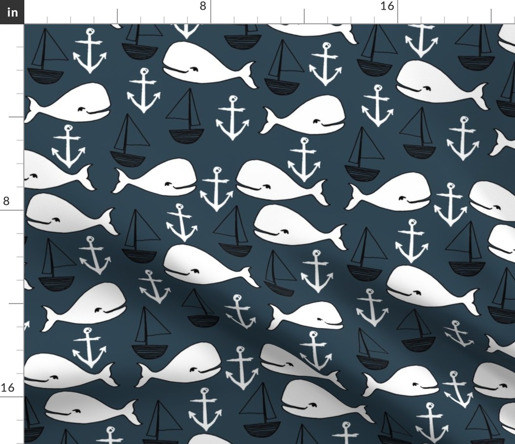 nautical whales // navy blue and white whale fabric anchors nursery baby cute sailboats nursery boy