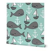 nautical whales // mint and grey nautical fabric cute sailboats anchors nursery baby cute