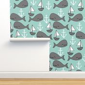 nautical whales // mint and grey nautical fabric cute sailboats anchors nursery baby cute