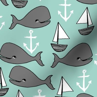 nautical whales // mint and grey nautical fabric cute sailboats anchors nursery baby cute