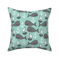 nautical whales // mint and grey nautical fabric cute sailboats anchors nursery baby cute