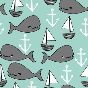 nautical whales // mint and grey nautical fabric cute sailboats anchors nursery baby cute