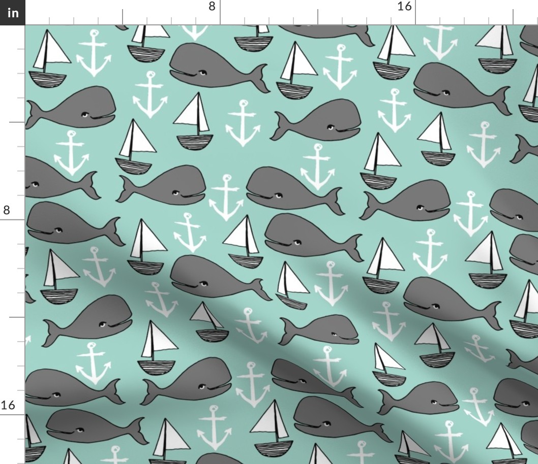 nautical whales // mint and grey nautical fabric cute sailboats anchors nursery baby cute