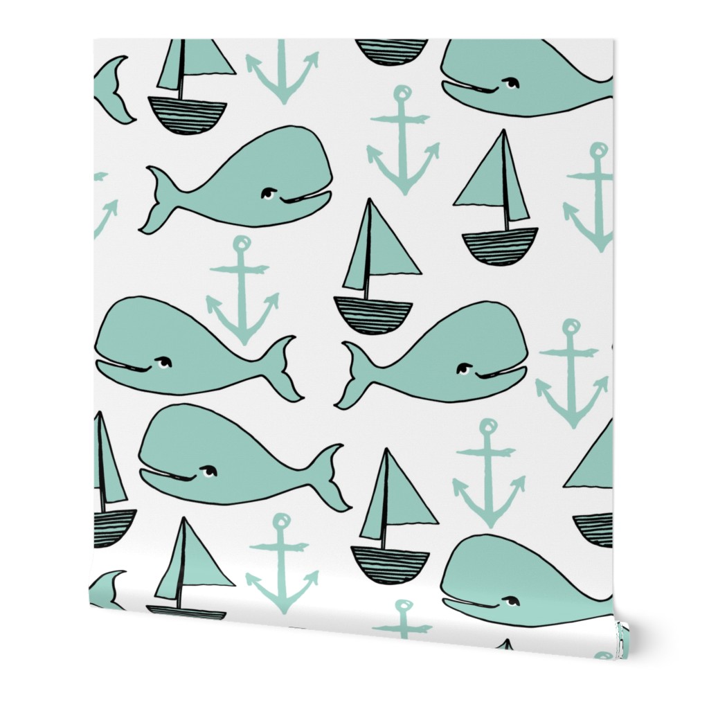 nautical whales // whale mint anchor nautical baby cute nursery fabric