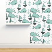 nautical whales // whale mint anchor nautical baby cute nursery fabric