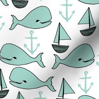 nautical whales // whale mint anchor nautical baby cute nursery fabric