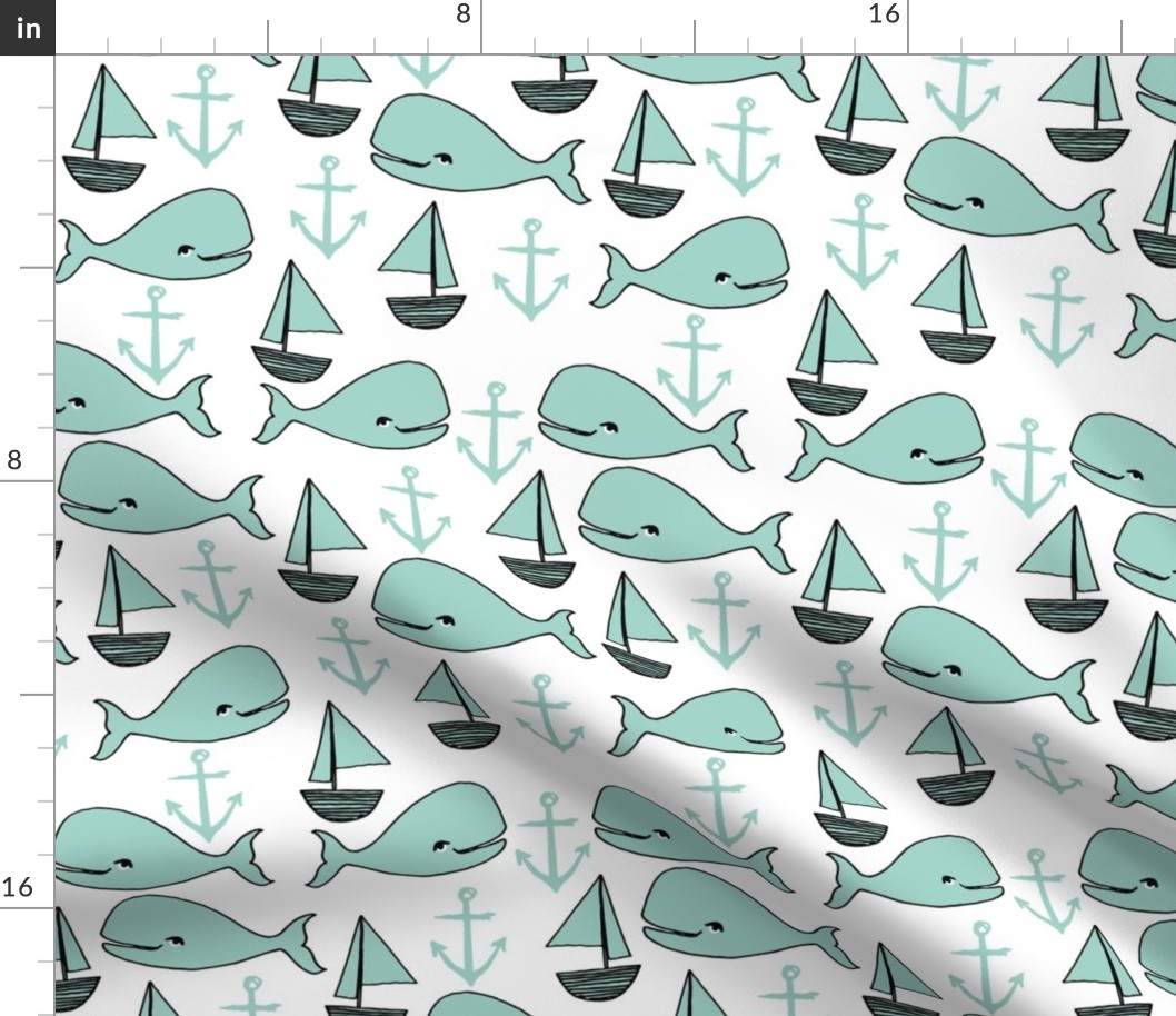 nautical whales // whale mint anchor nautical baby cute nursery fabric