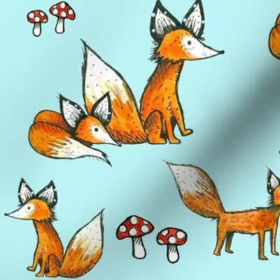 Foxes + Mushrooms on Blue