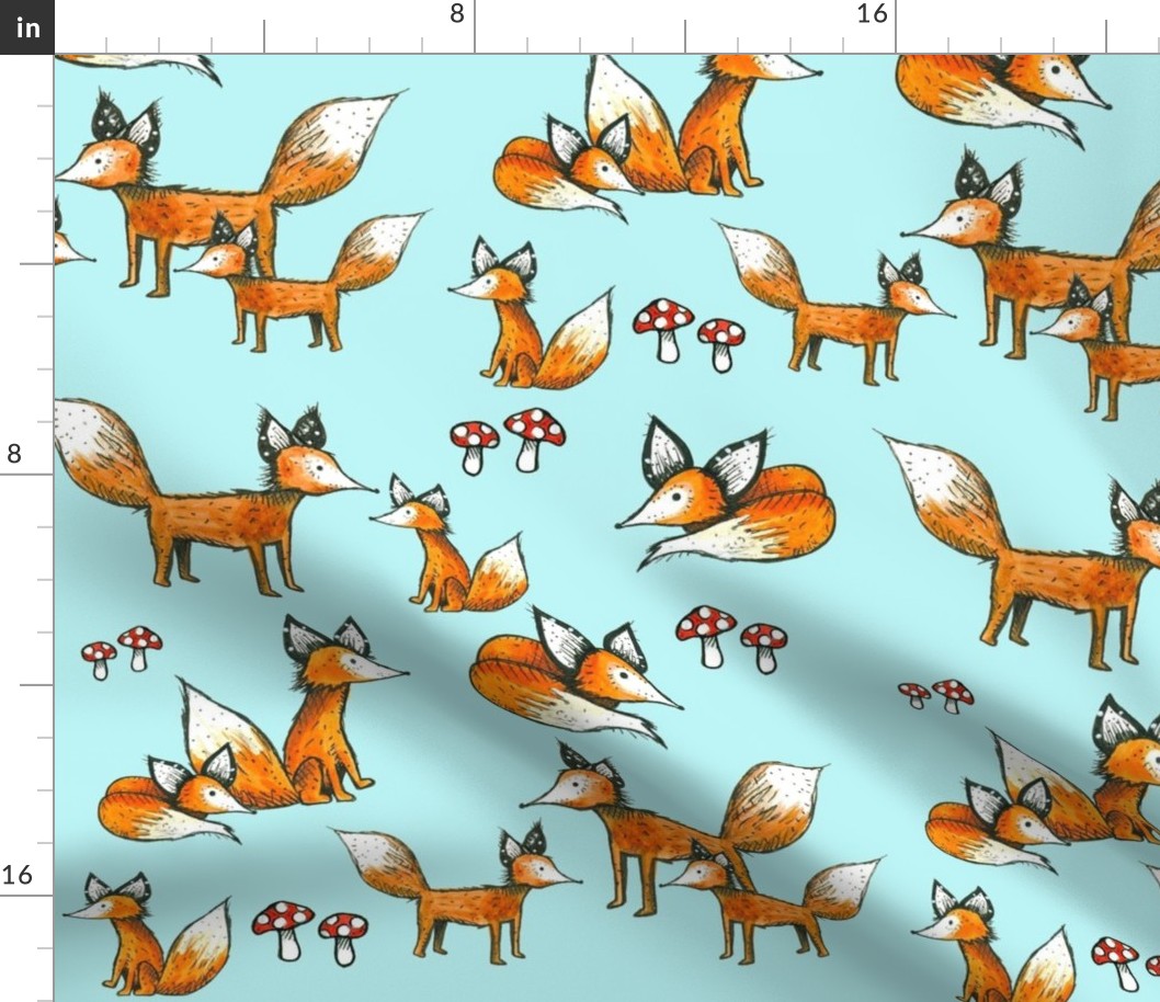 Foxes + Mushrooms on Blue