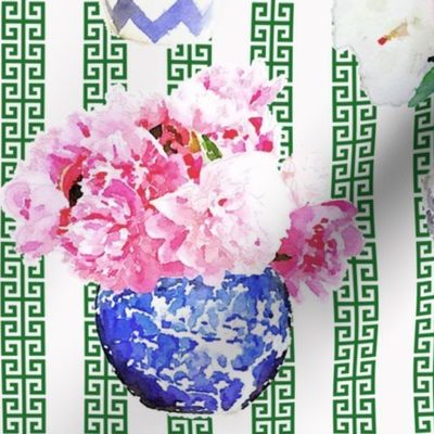 Ginger Jar Peony with Green  Greek Key Stripe