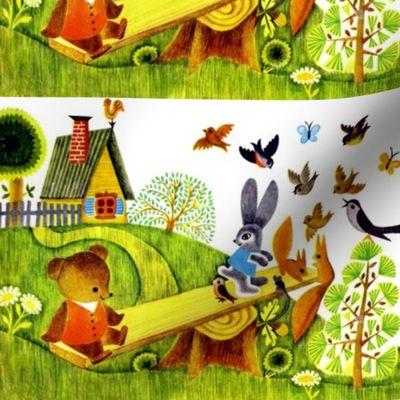 vintage countryside trees cottages flowers daisies bears see saw playing children birds rabbits bunny bunnies squirrels butterflies butterfly children