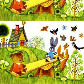 vintage countryside trees cottages flowers daisies bears see saw playing children birds rabbits bunny bunnies squirrels butterflies butterfly children