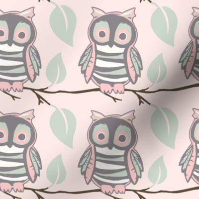 Owl on a Branch - Pink Mint