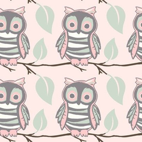 Owl on a Branch - Pink Mint