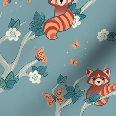 Red Pandas and Butterflies on Diagonal Tree Branches large scale ©Jennifer Garrett