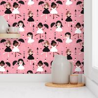 Cute pink geometric ballerina dancing girls illustration pattern