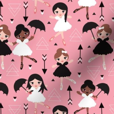 Cute pink geometric ballerina dancing girls illustration pattern