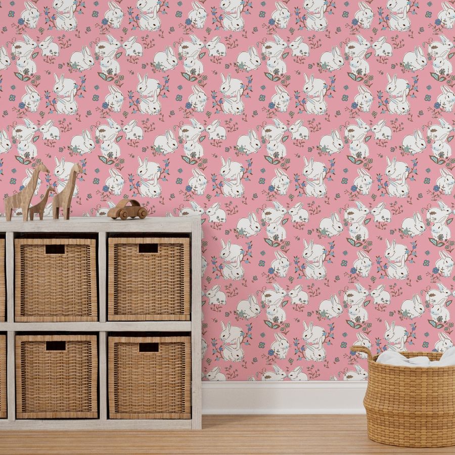 White bunnies with pink Wallpaper | Spoonflower