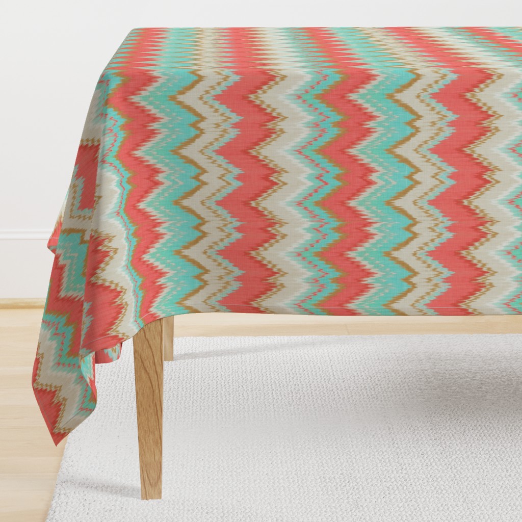 Ikat Chevron in Mint, Gold and Coral Pink