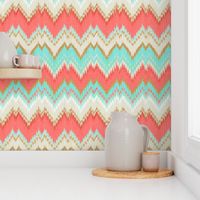 Ikat Chevron in Mint, Gold and Coral Pink