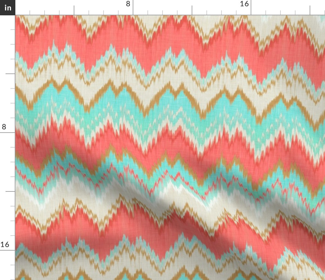 Ikat Chevron in Mint, Gold and Coral Pink