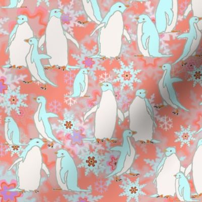 Little Penguins on Rosy Background with Snowflakes