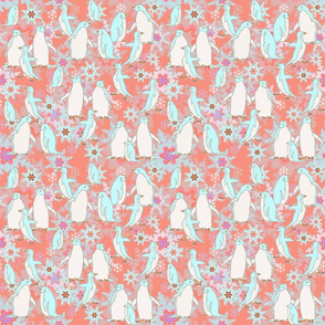 Little Penguins on Rosy Background with Snowflakes