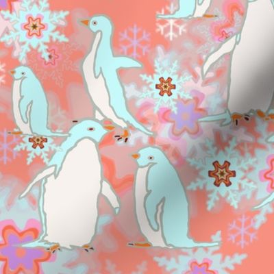 Penguin Play on Rosy Snowflake Background