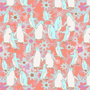 Penguin Play on Rosy Snowflake Background