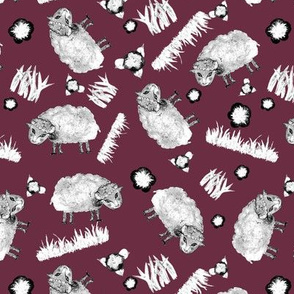 SOFT AS A CLOUD SHEEP Ditsy BW on Burgundy Red