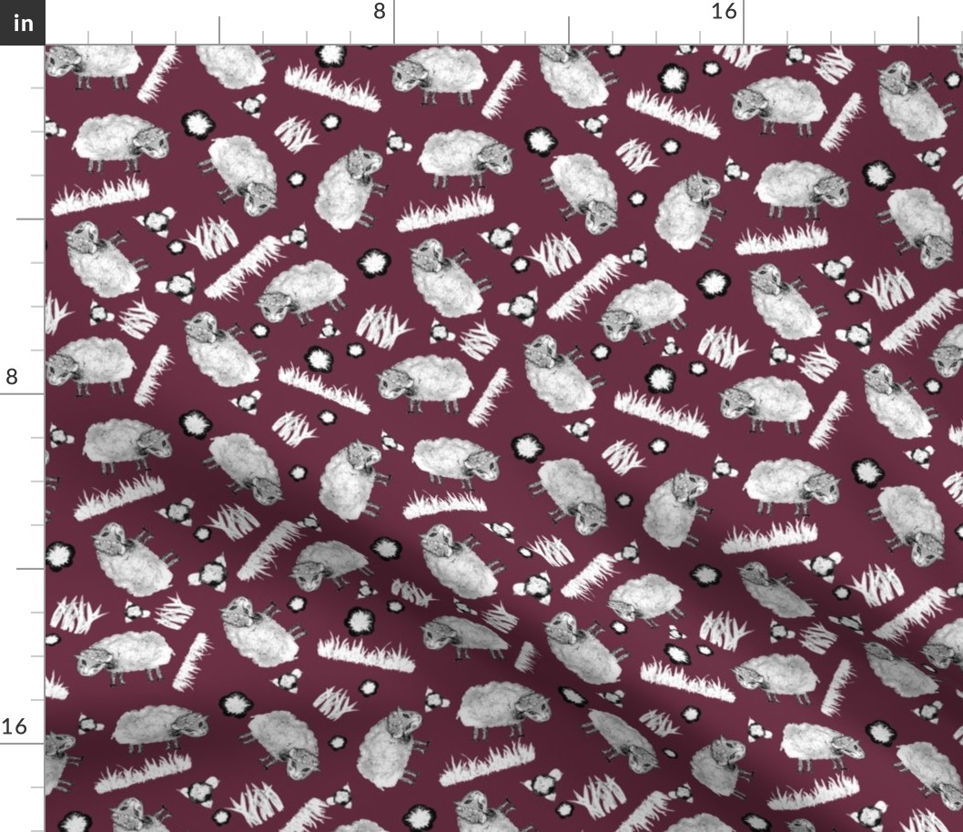 SOFT AS A CLOUD SHEEP Ditsy BW on Burgundy Red