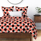 enormous halftone dots in coral, mint, black and white