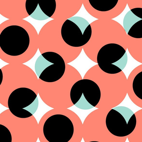 enormous halftone dots in coral, mint, black and white