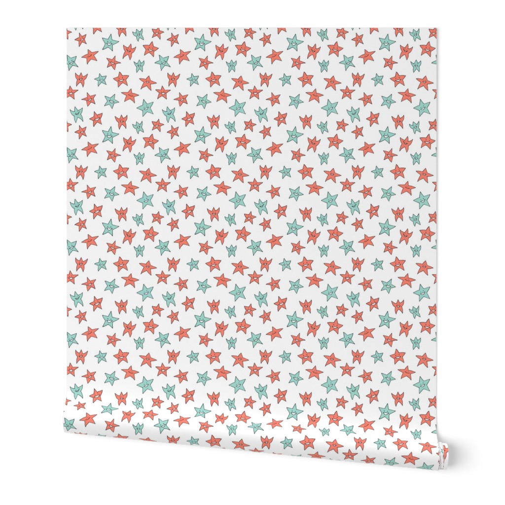 tiny happy stars - coral and mint on white