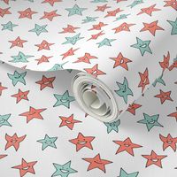 tiny happy stars - coral and mint on white