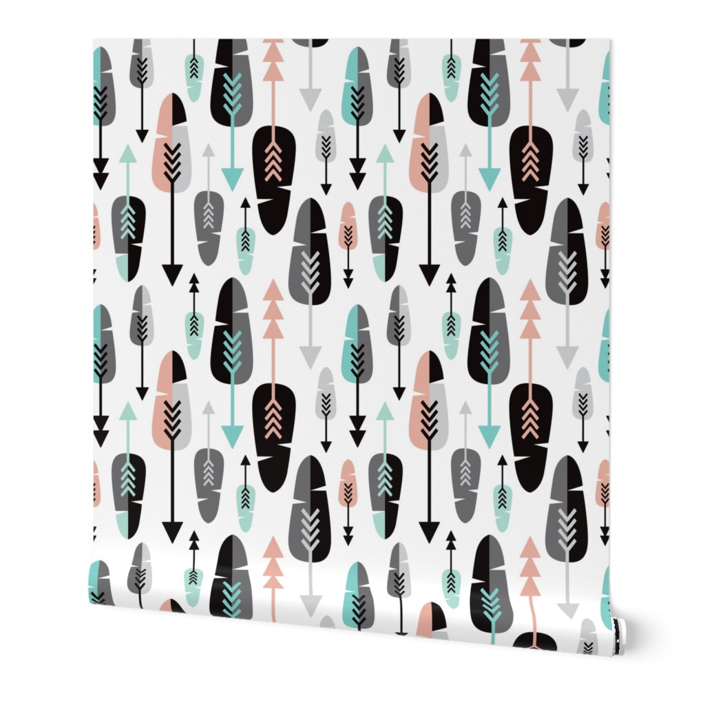 Geometric vintage feathers pastel arrows in mint and coral illustration pattern