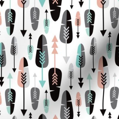 Geometric vintage feathers pastel arrows in mint and coral illustration pattern