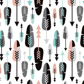 Geometric vintage feathers pastel arrows in mint and coral illustration pattern