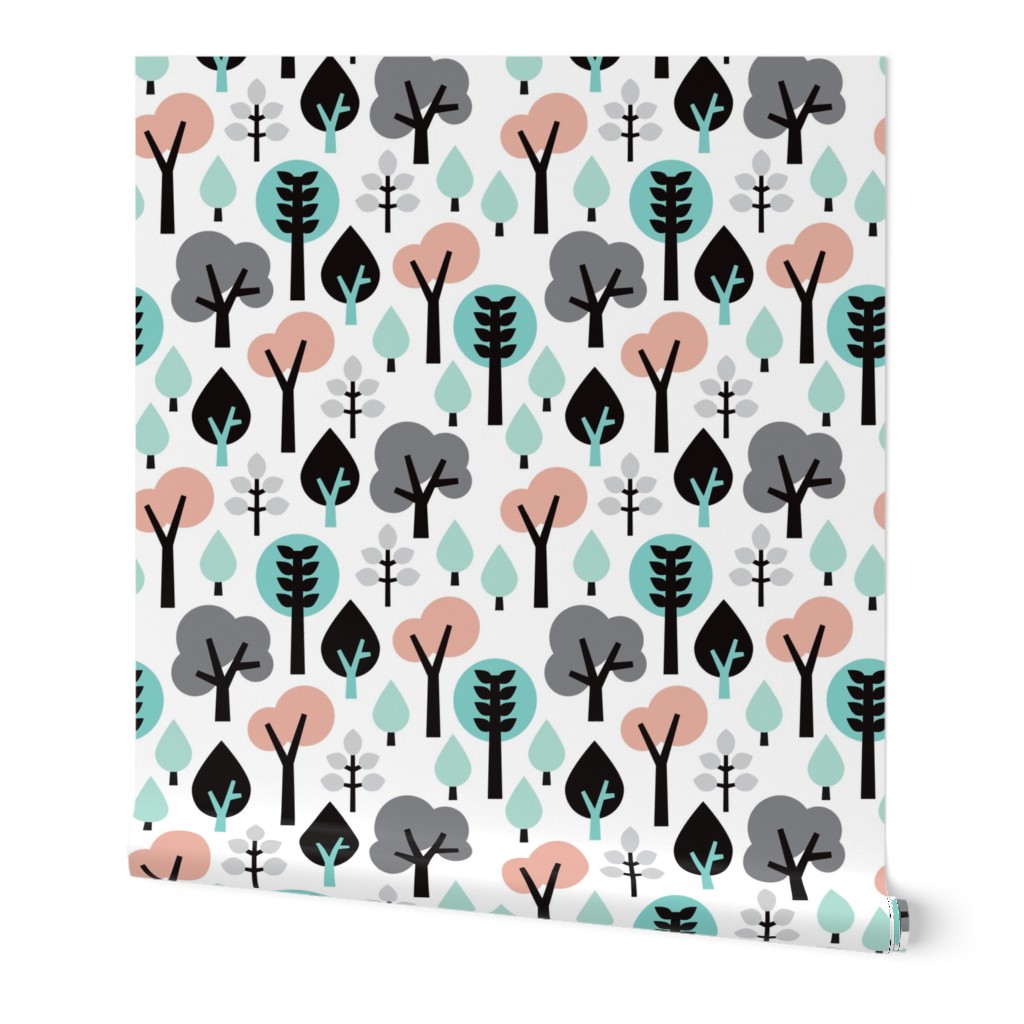 Pastel scandinavian woodland forest tree leaf and nature illustration pattern